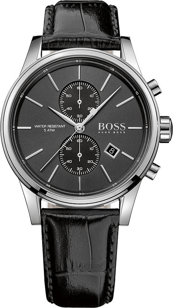 Hugo Boss Jet Chronograph black dial watch with black leather strap, silver case, and dual subdials