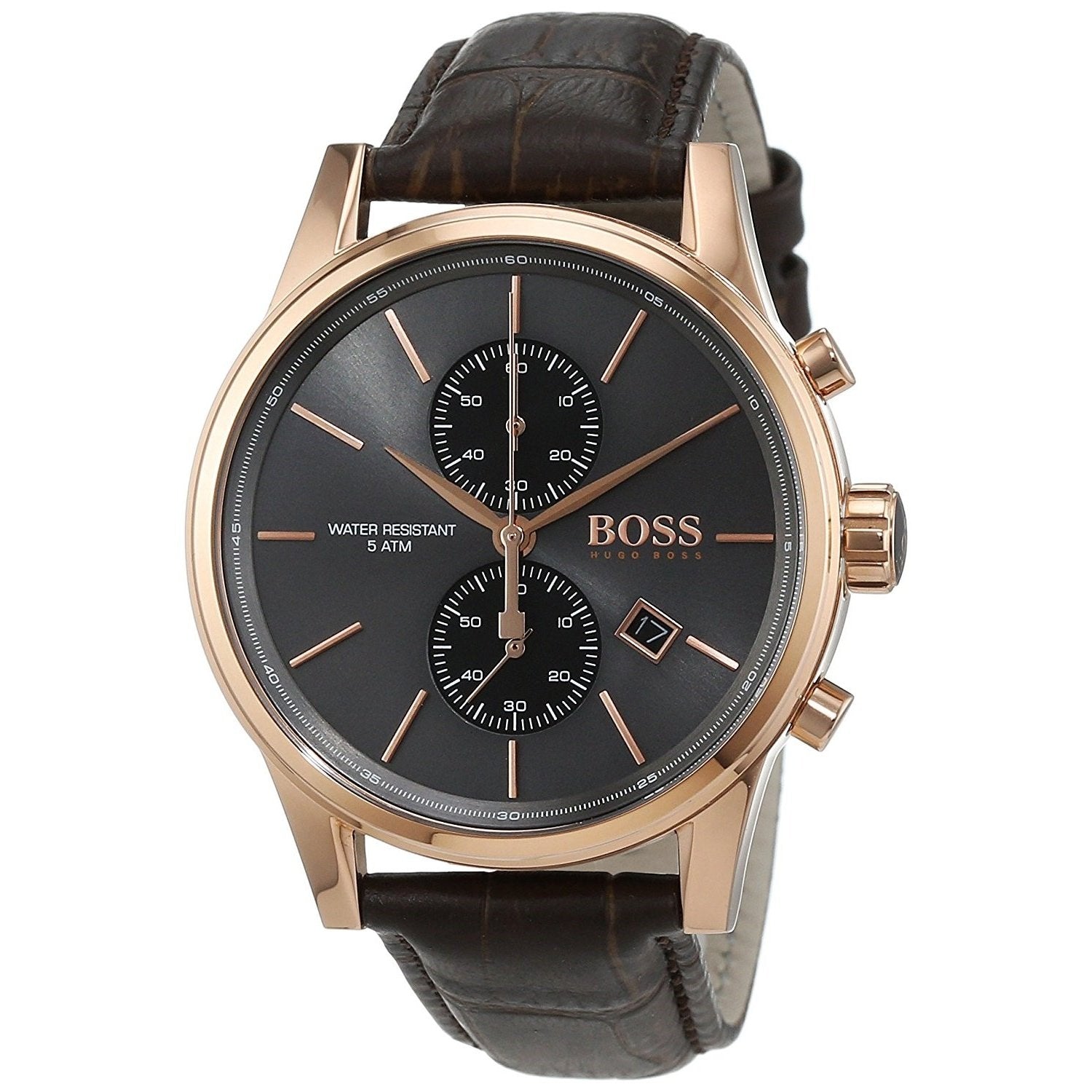 Hugo Boss Jet chronograph watch at angle showing gray dial, rose gold case, and chronograph subdials