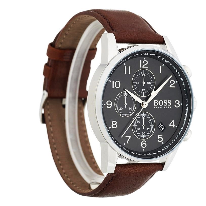 Hugo Boss Navigator watch shown on wrist and angle view of case and brown leather strap