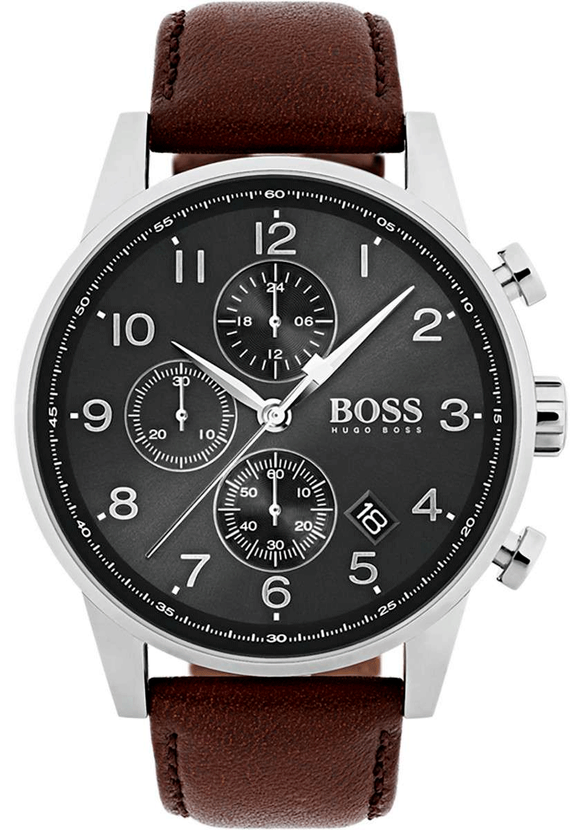 Hugo Boss Navigator chronograph watch with black dial and brown leather strap