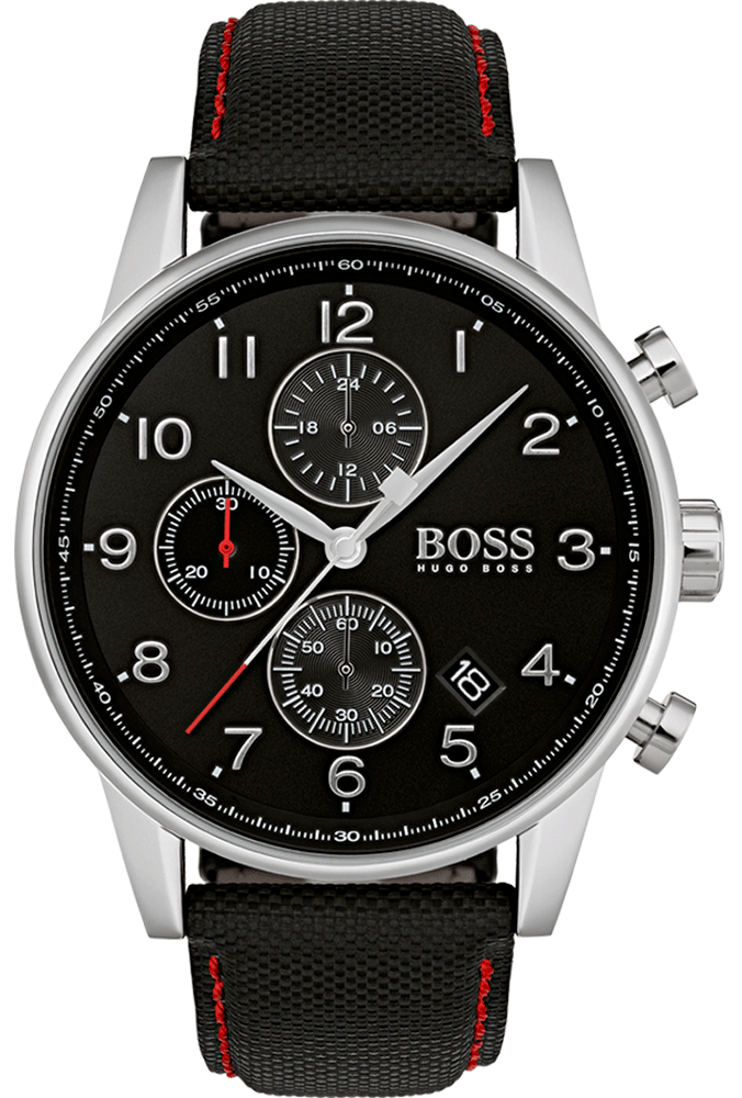 Hugo Boss Navigator black dial chronograph watch with silver case and black leather strap