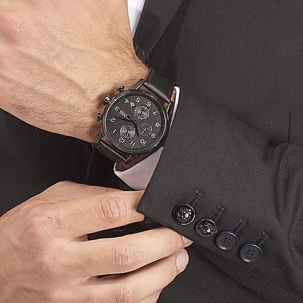 Hugo Boss Navigator chronograph watch worn on wrist with black leather strap