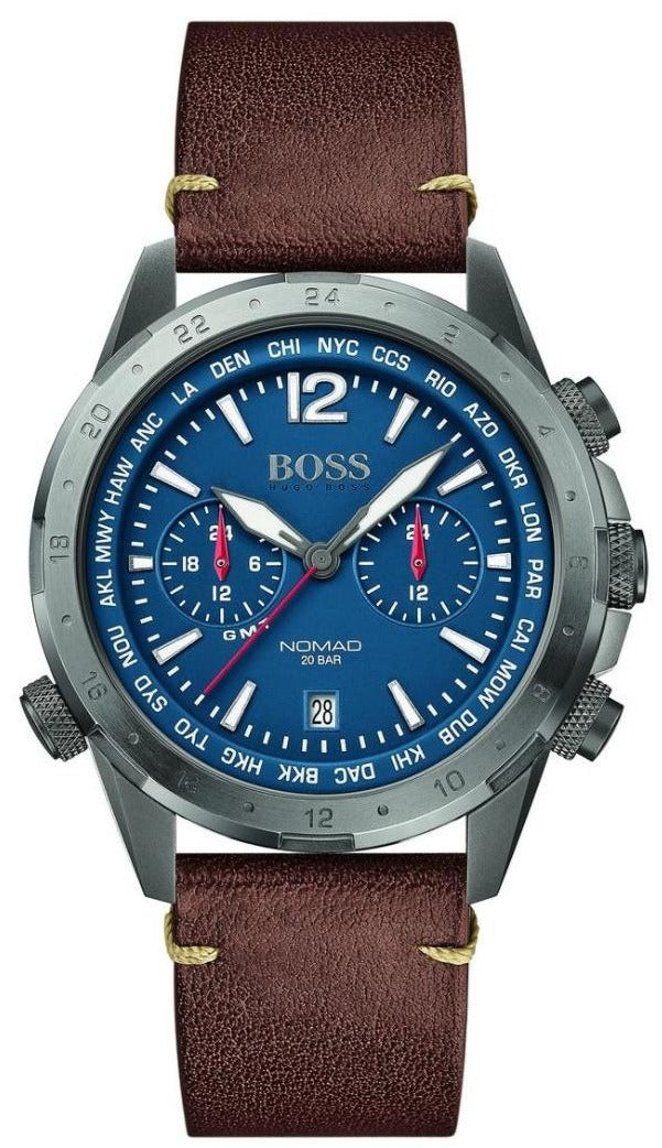 Hugo Boss Nomad chronograph men's watch with blue dial and brown leather strap, front view