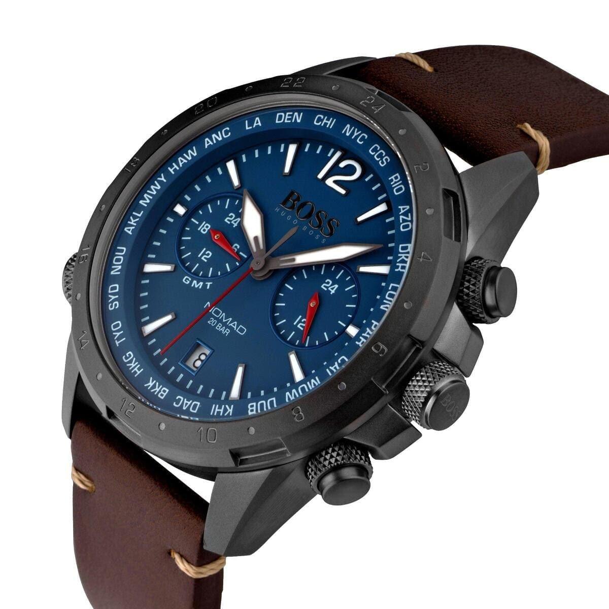Hugo Boss Nomad chronograph watch side view displaying brown leather strap and chronograph pushers