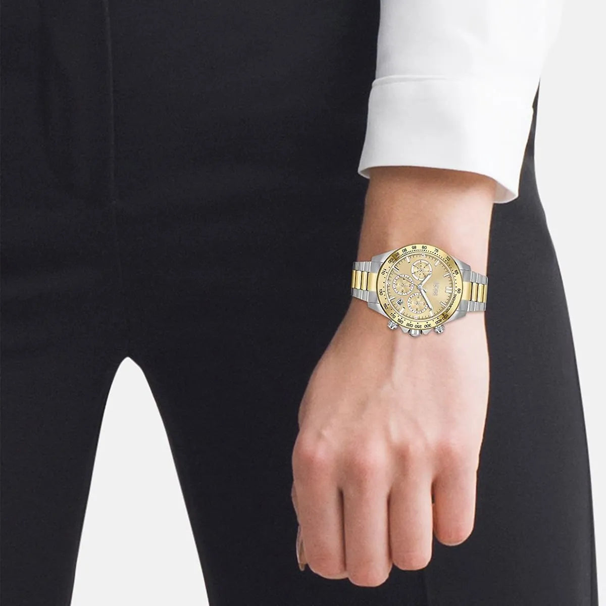 Hugo Boss Novia two-tone watch worn on wrist with formal attire