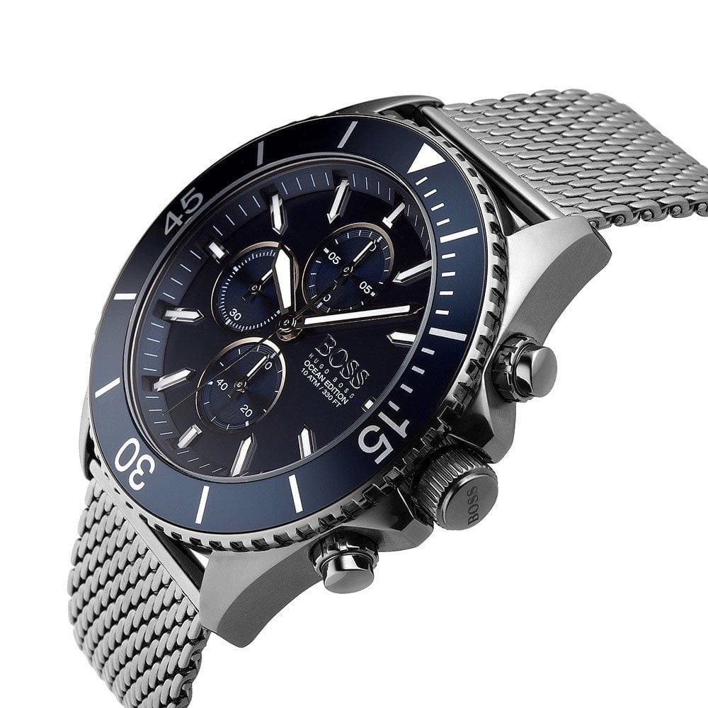 Hugo Boss Ocean Edition chronograph watch angled view showing blue bezel and stainless steel case