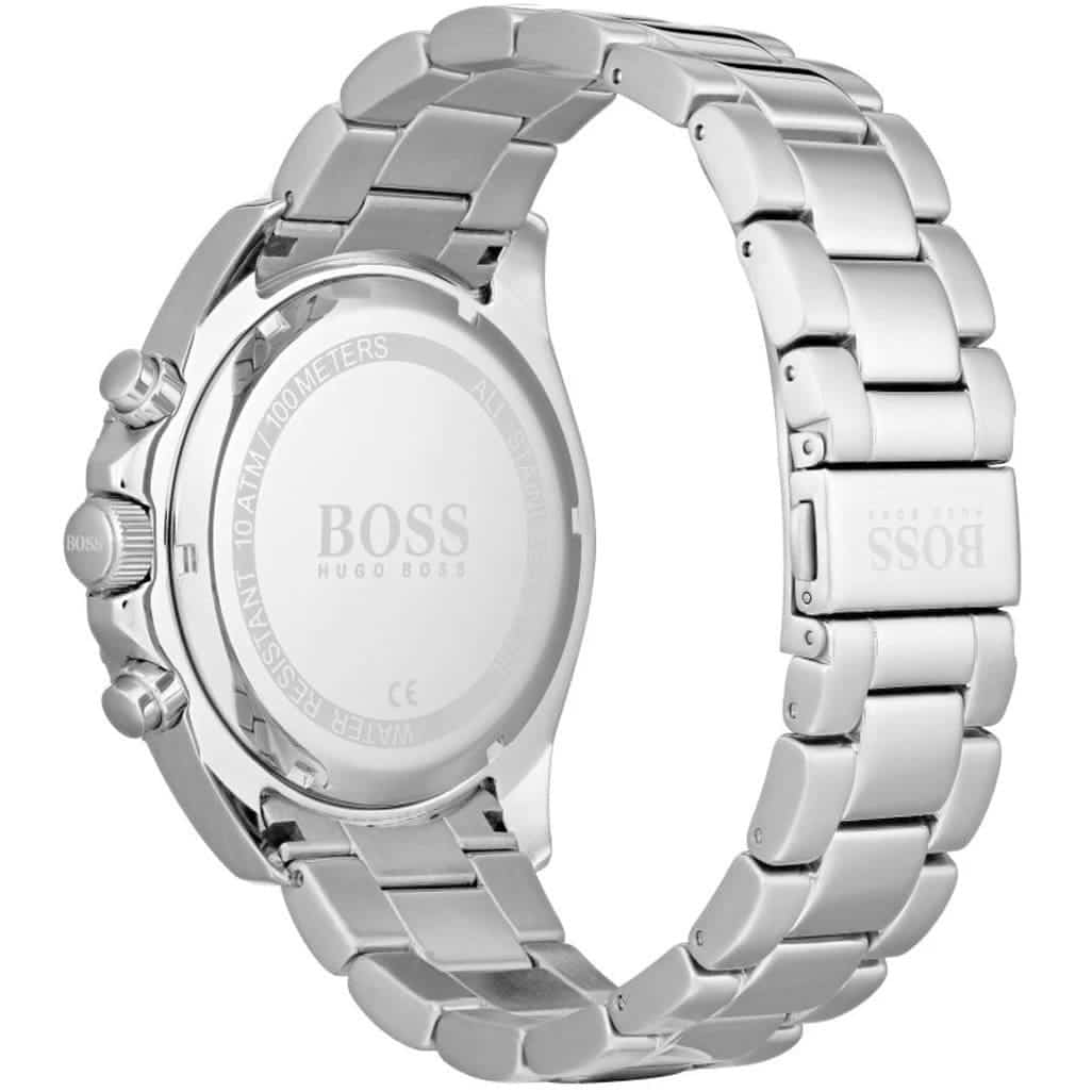 Silver steel bracelet and caseback of Hugo Boss Ocean Edition chronograph watch