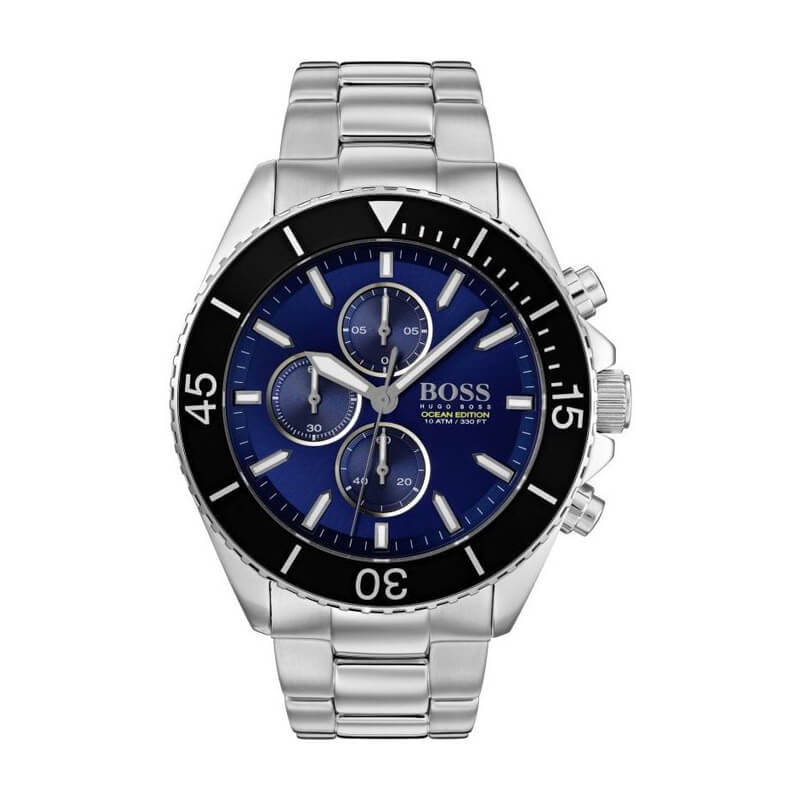 Hugo Boss Ocean Edition chronograph watch with blue dial and silver steel bracelet