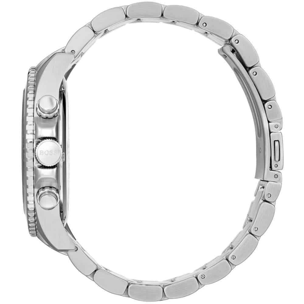 Side profile of Hugo Boss Ocean Edition watch showing chronograph pushers and bracelet