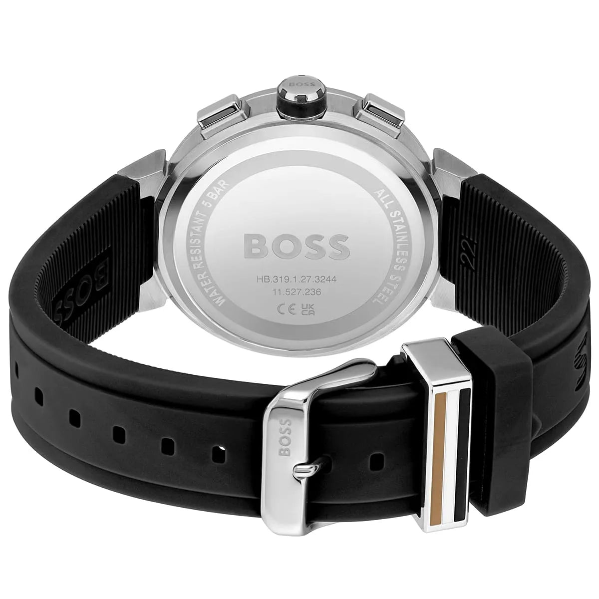Hugo Boss One watch caseback showing stainless steel case back with BOSS branding and specifications