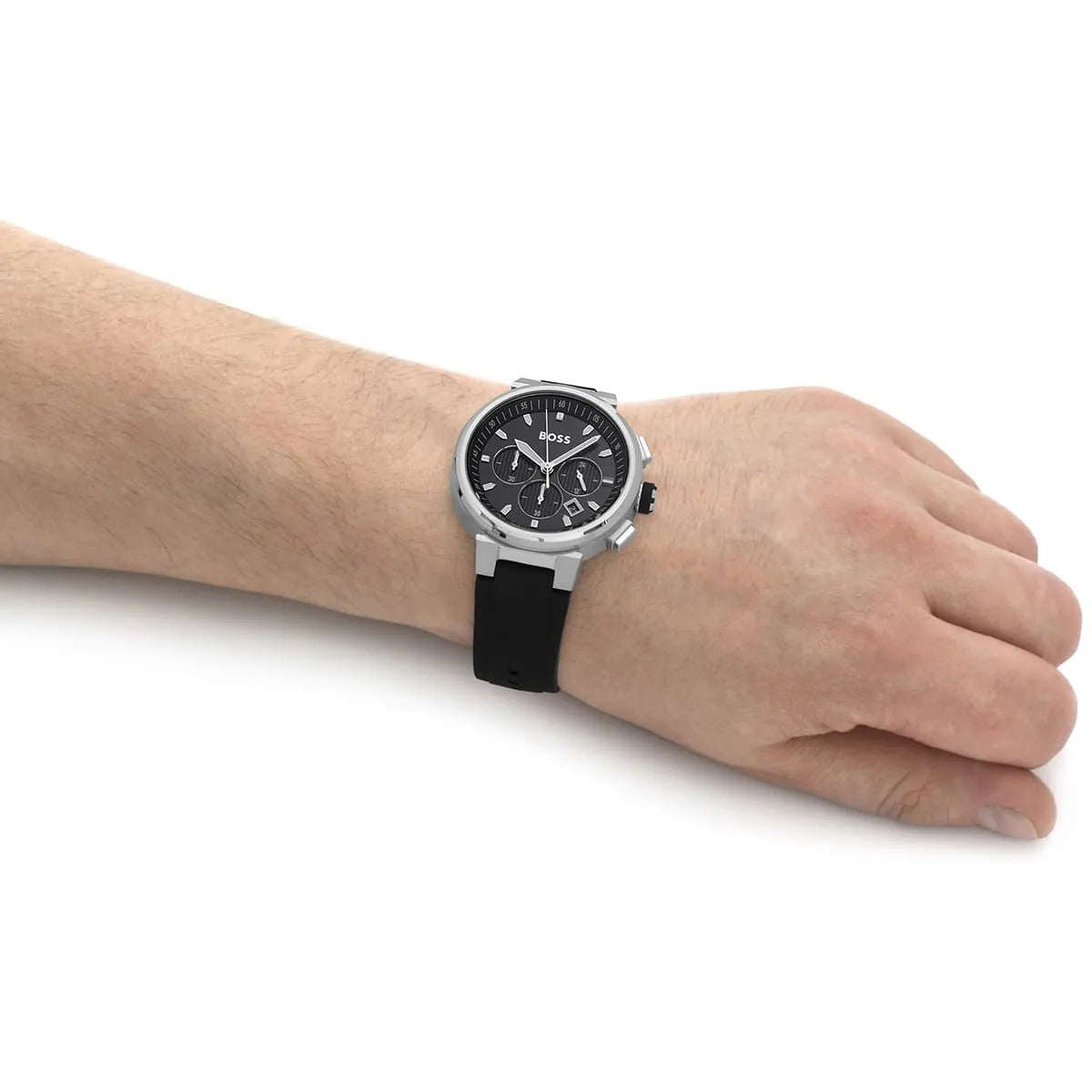Hugo Boss One chronograph watch worn on wrist showing black dial and stainless steel case