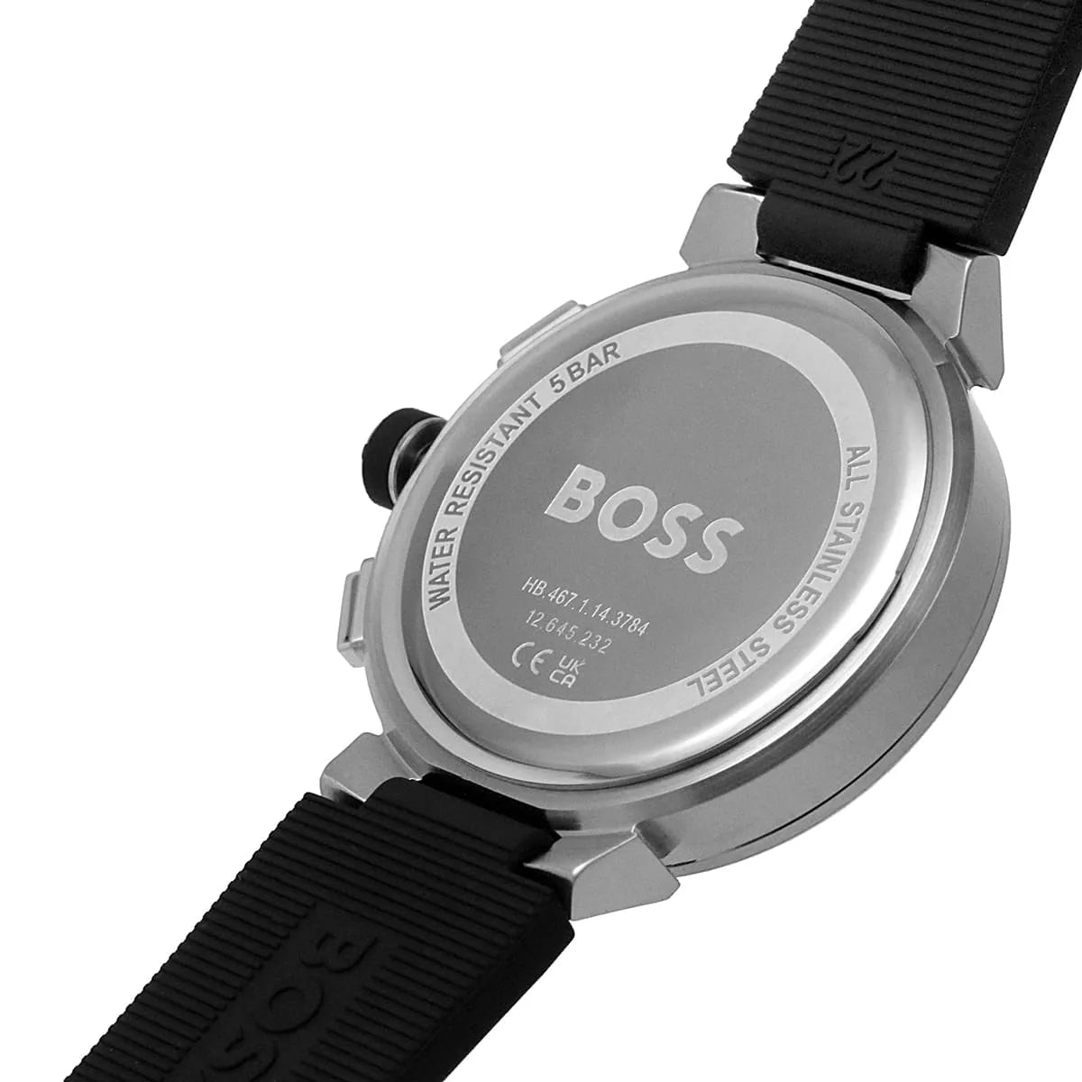 Hugo Boss One watch side view displaying black rubber strap with buckle clasp and case profile