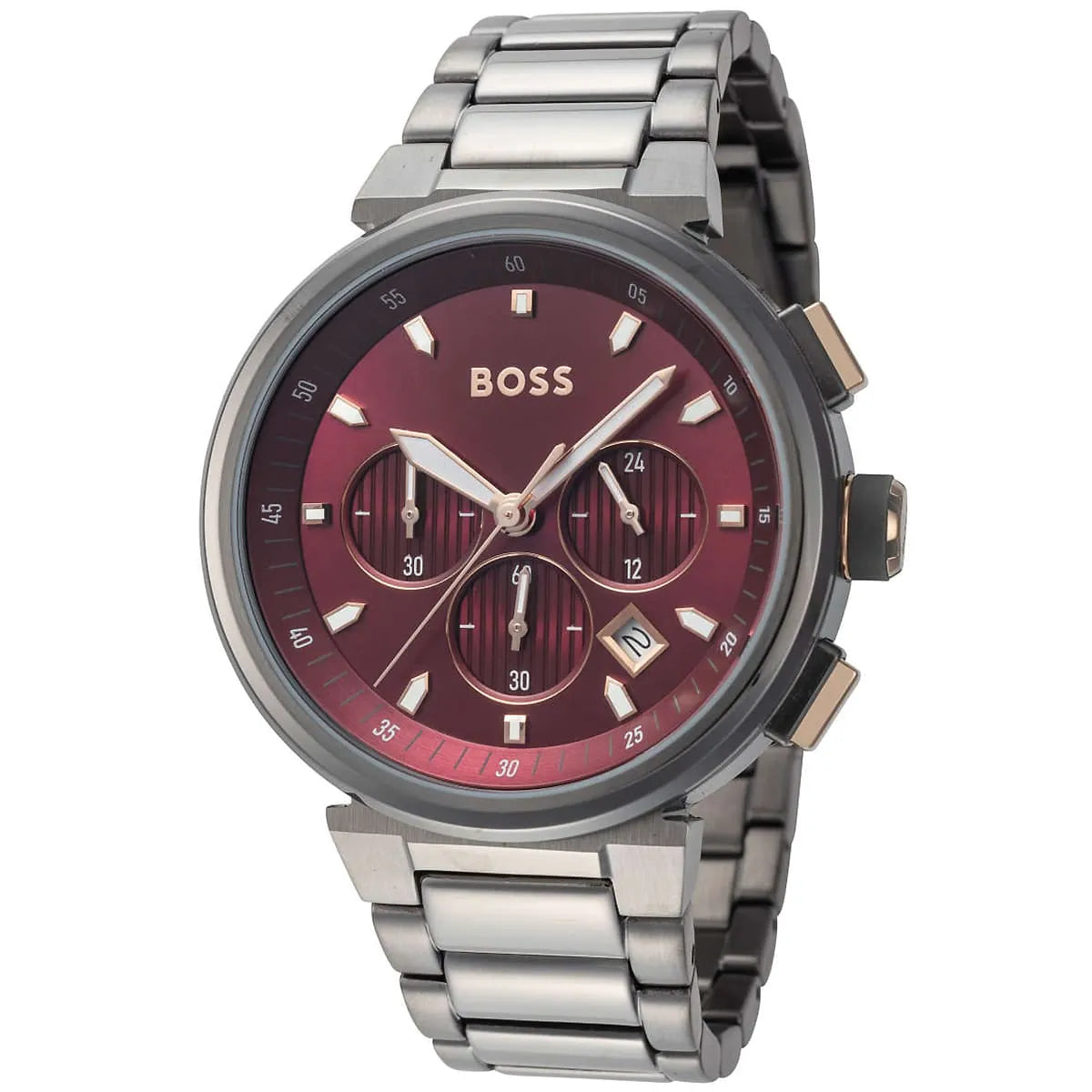 Hugo Boss ONE chronograph watch at angle showing red dial with three subdials and grey steel bracelet