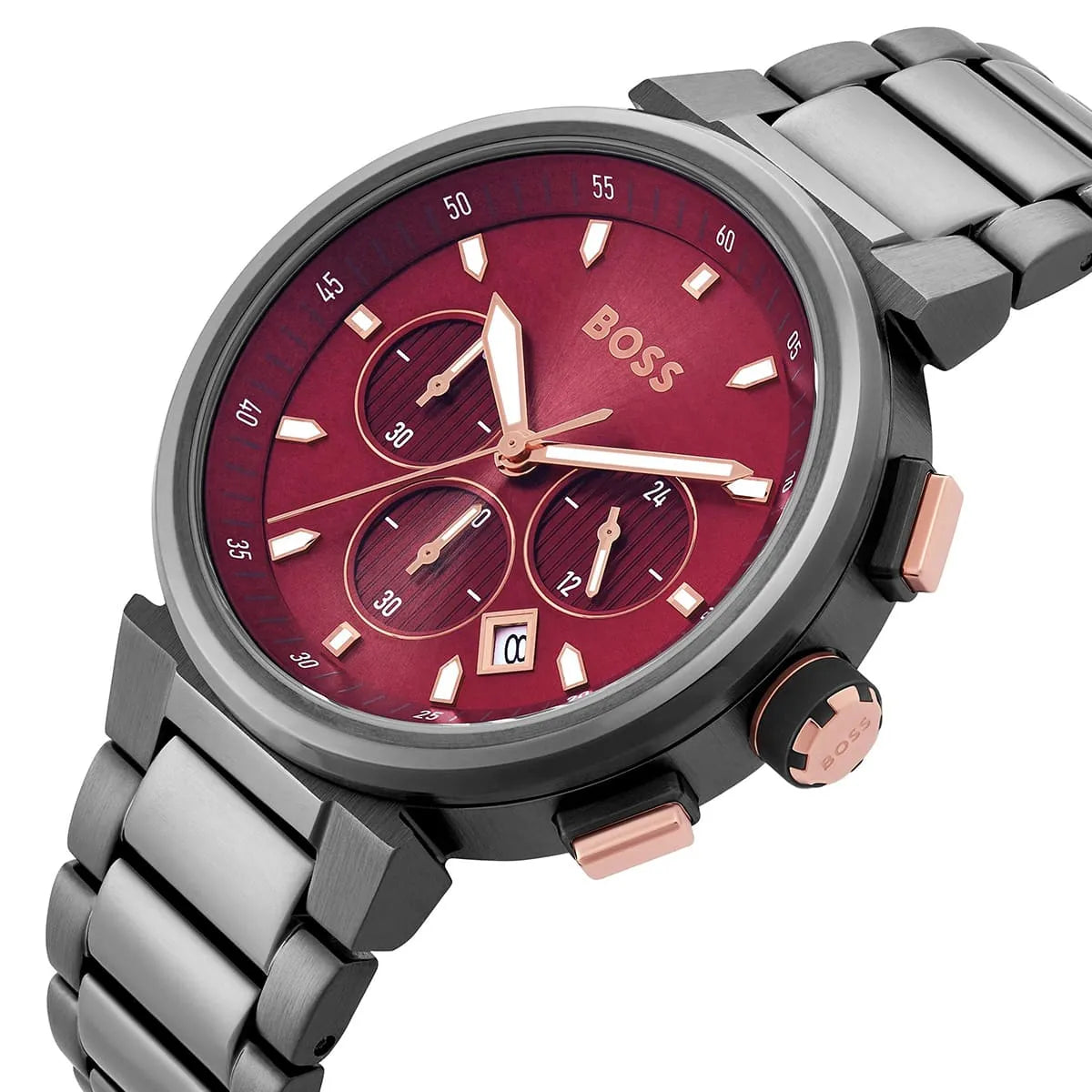 Hugo Boss ONE red dial detail with chronograph subdials, rose gold accents, and steel bracelet