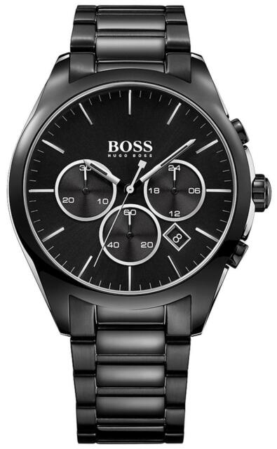 Hugo Boss Onyx chronograph watch with black dial and stainless steel bracelet, front view
