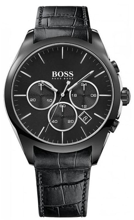 Hugo Boss Onyx men's watch with black dial and three sub-dials, black leather croc-embossed strap