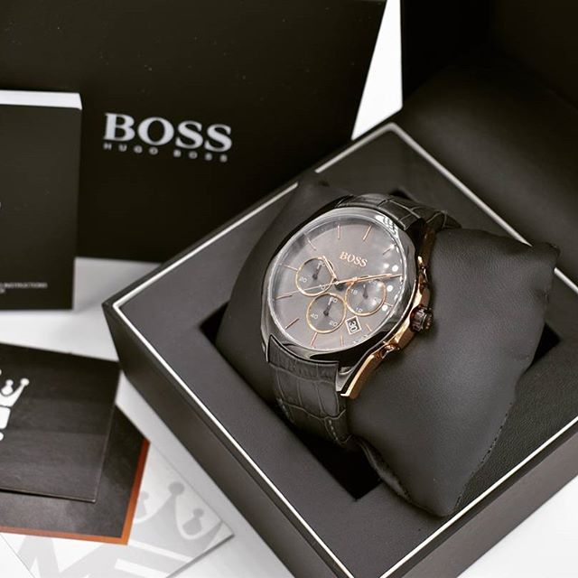Hugo Boss Onyx Chronograph watch displayed in black branded presentation box with documentation