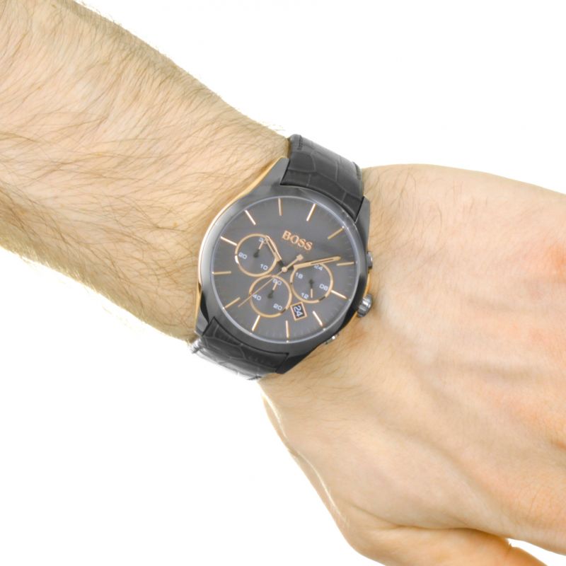 Hugo Boss Onyx Chronograph worn on wrist, showing grey dial with rose gold accents and black leather strap