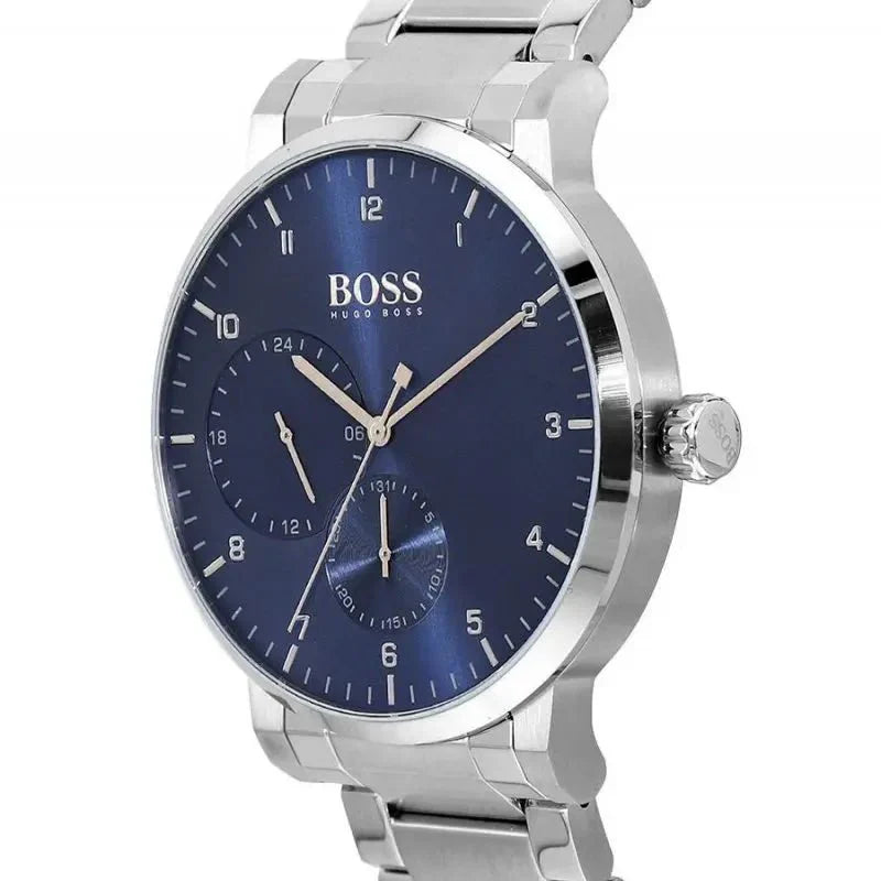 Angled view of Hugo Boss Oxygen watch showcasing chronograph subdials on blue dial
