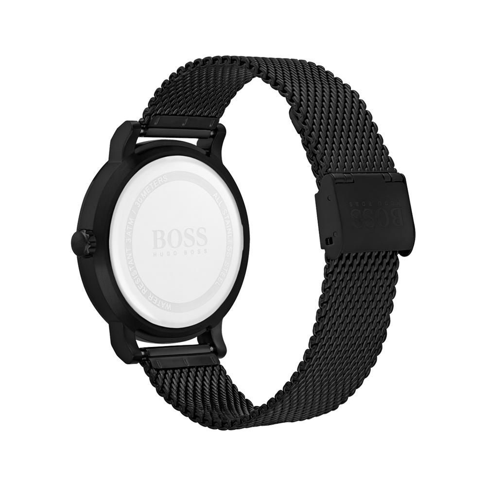 Angled view of Hugo Boss Oxygen watch with white dial detail and mesh strap