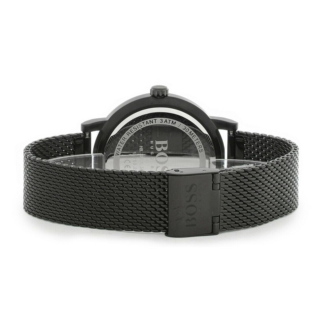 Hugo Boss Oxygen watch caseback showing dial and black mesh bracelet
