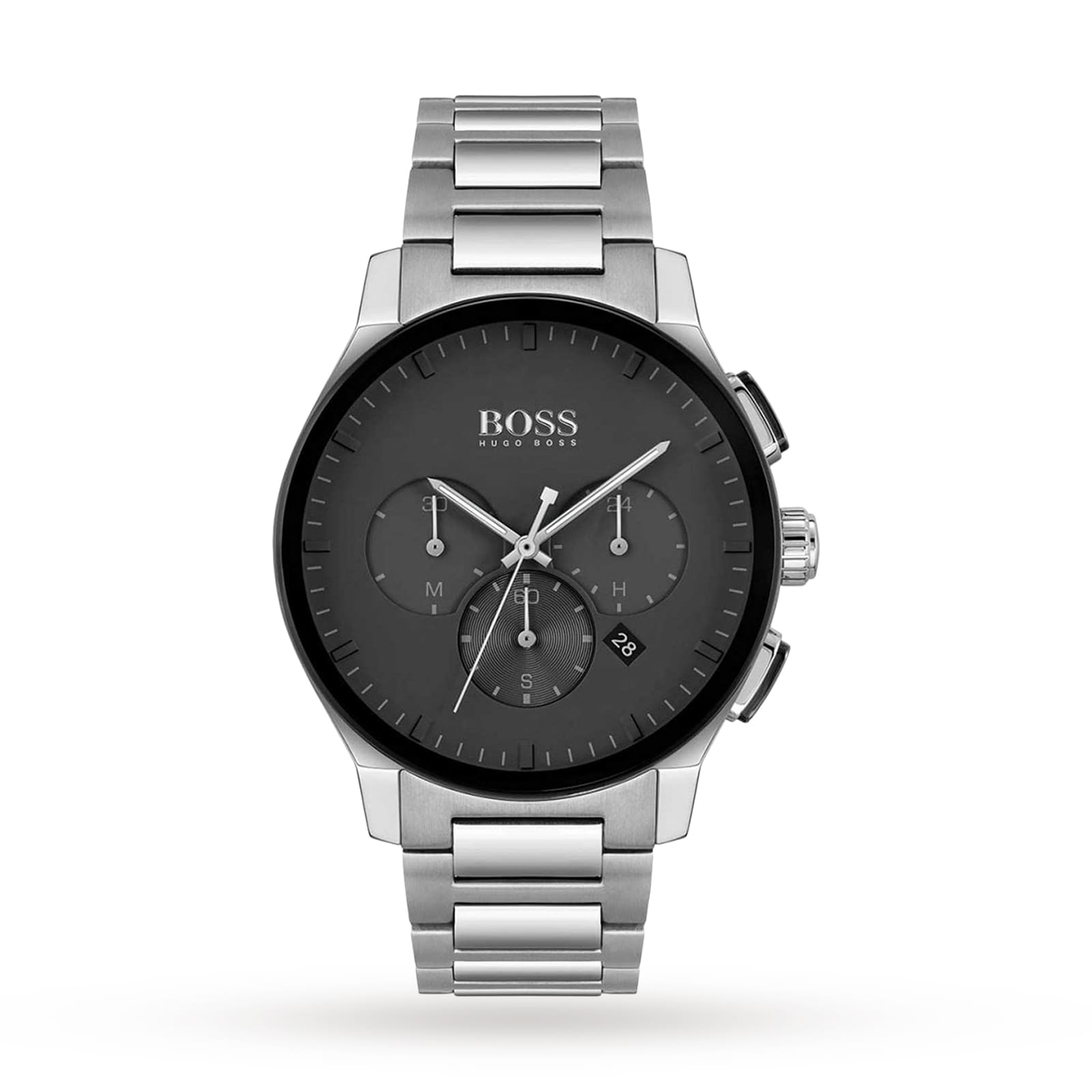 Hugo Boss Peak silver chronograph men's watch with black dial and steel bracelet