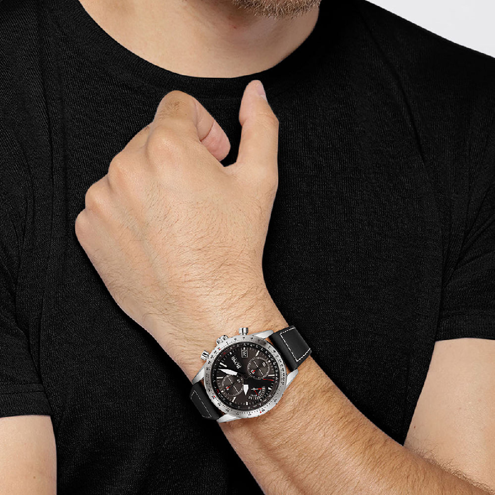 Hugo Boss Pilot Edition chronograph watch worn on wrist with black leather strap