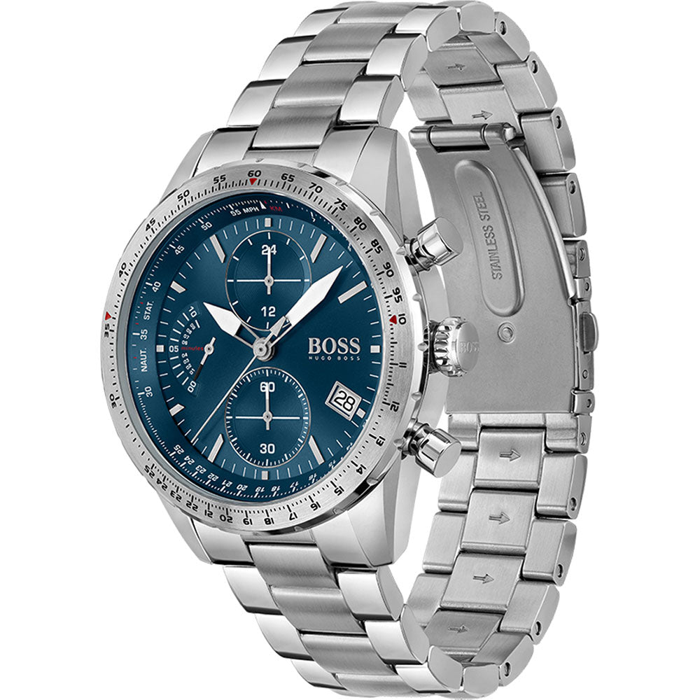 Hugo Boss Pilot Edition Chronograph watch shown at angle with steel bracelet and caseback visible