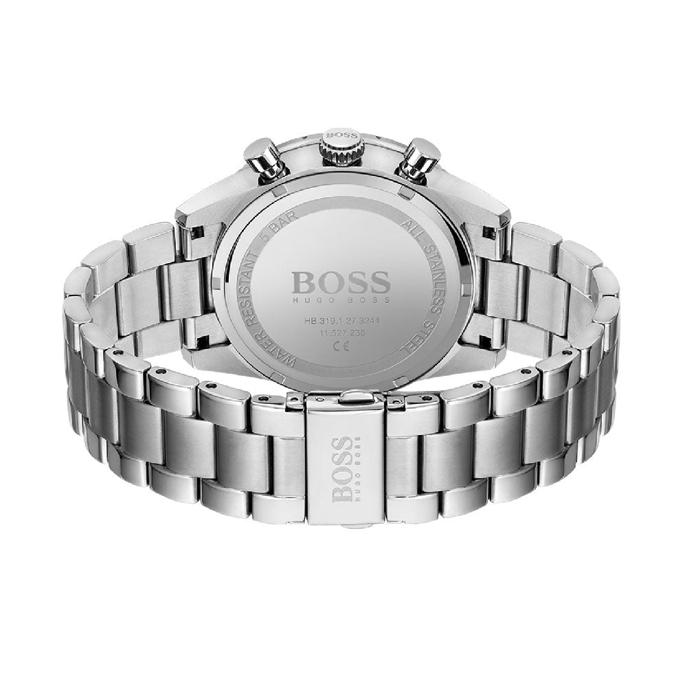 Hugo Boss Pilot Edition Chronograph caseback showing stainless steel with engraved BOSS logo