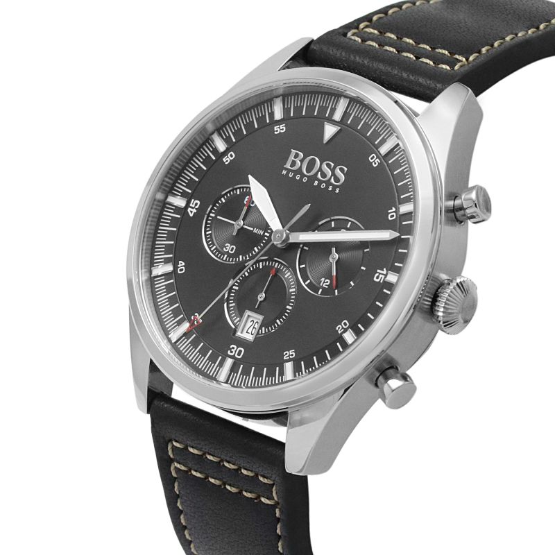 Hugo Boss Pioneer chronograph watch angled view showing black leather strap with white stitching