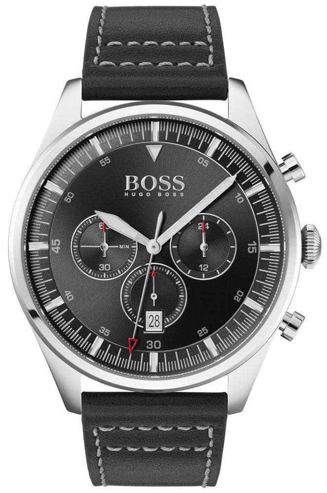 Hugo Boss Pioneer black dial chronograph watch with stainless steel case and black leather strap
