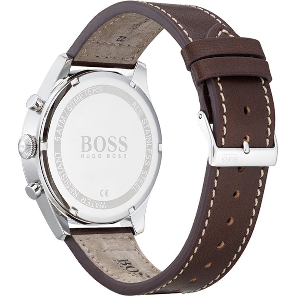 Hugo Boss Pioneer watch caseback showing silver-tone case and brown leather strap with buckle