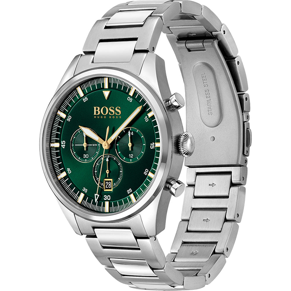 Hugo Boss Pioneer chronograph watch at angle showing green dial and steel bracelet