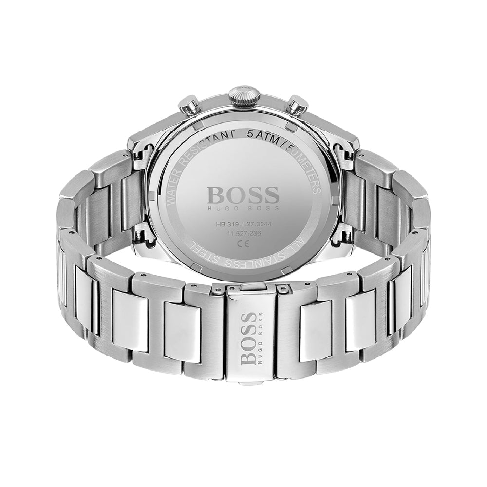 Hugo Boss Pioneer watch caseback showing stainless steel with logo and specifications