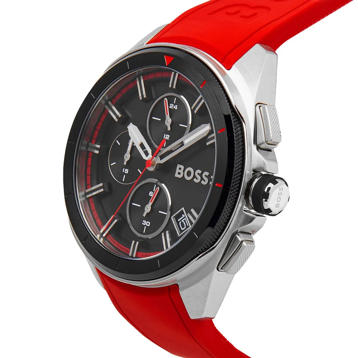 Hugo Boss Pioneer chronograph angled view with stainless steel case and red strap