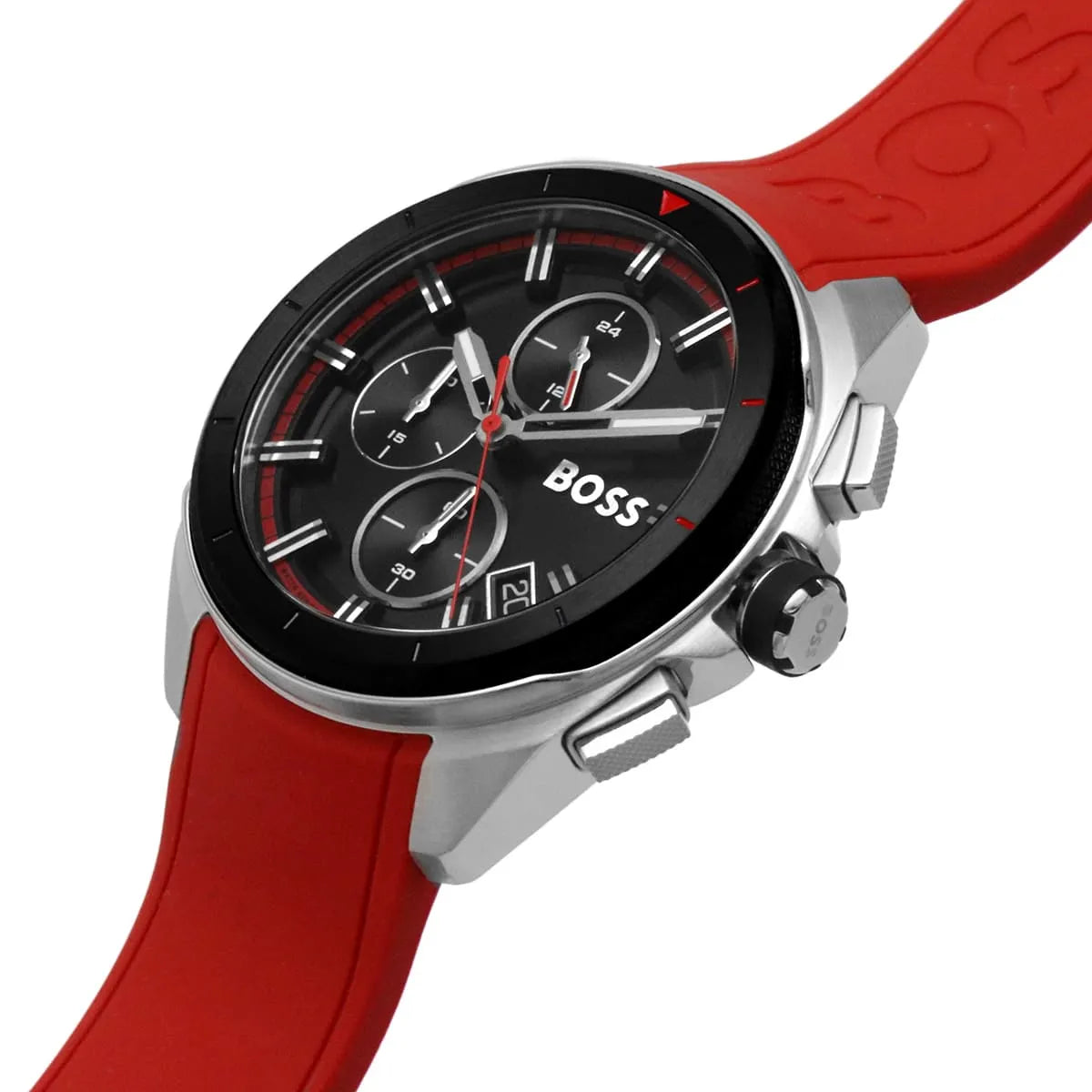 Hugo Boss Pioneer chronograph at angle showing black dial and red rubber strap