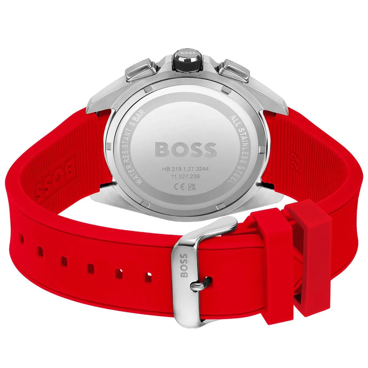 Hugo Boss Pioneer caseback displaying stainless steel case and red rubber strap