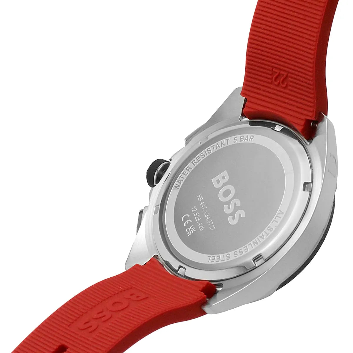 Hugo Boss Pioneer watch side view with black dial and red rubber strap