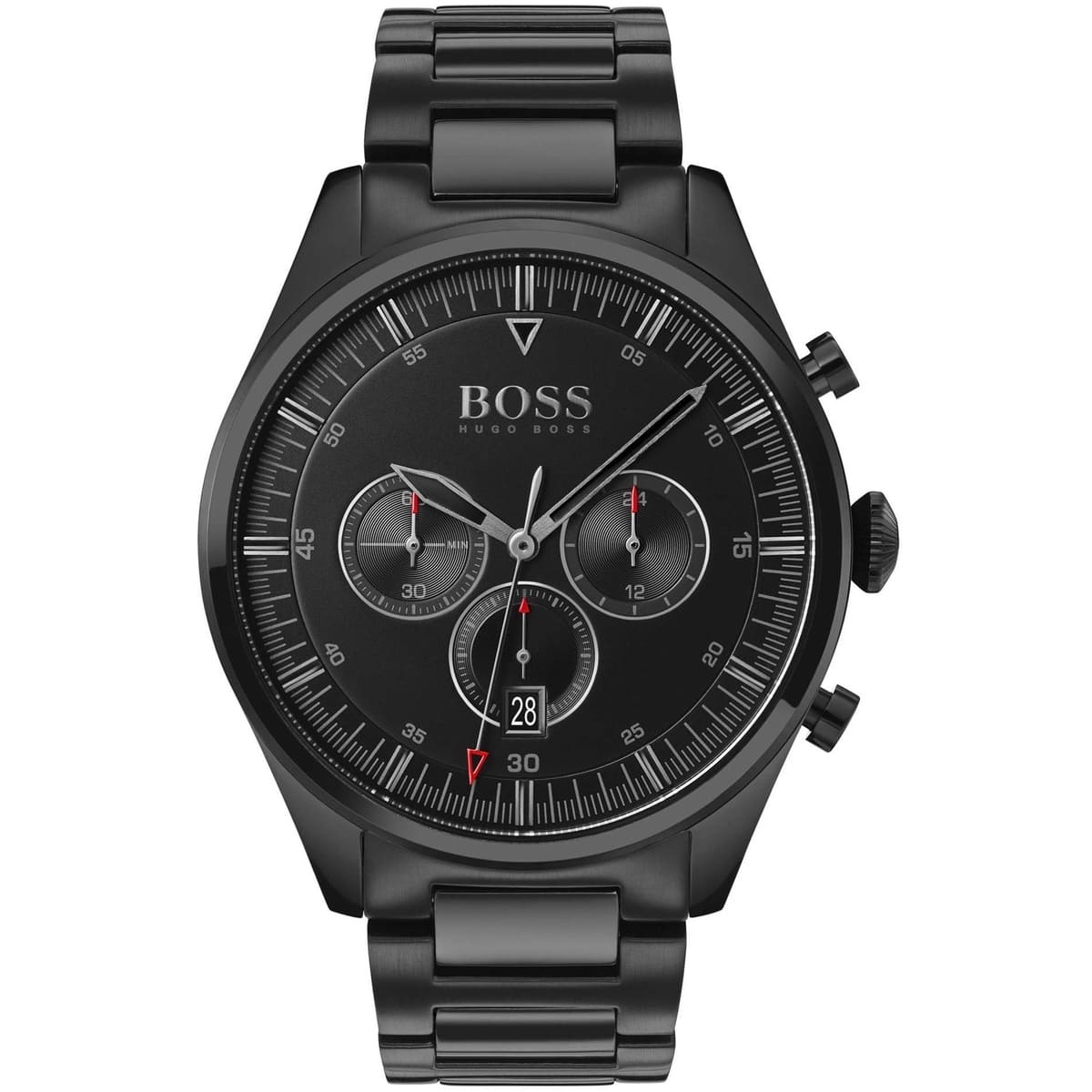 Hugo Boss Pioneer all-black chronograph watch with three subdials and red accents