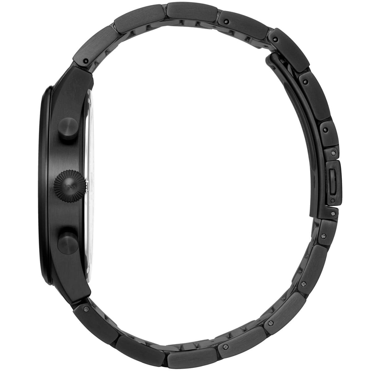 Side profile of Hugo Boss Pioneer all-black chronograph watch with metal bracelet