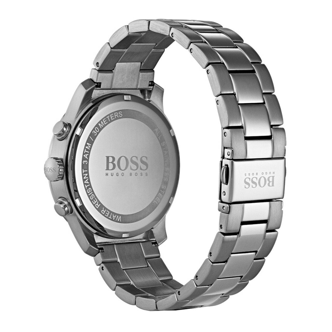 Caseback of Hugo Boss Professional chronograph watch displaying BOSS logo and engraved text