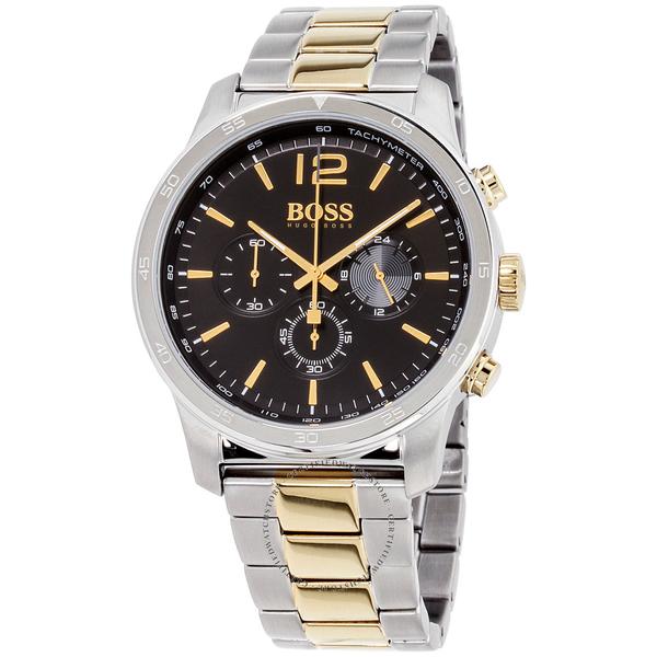 Hugo Boss Professional Chronograph with black dial, gold markers, and two-tone steel bracelet