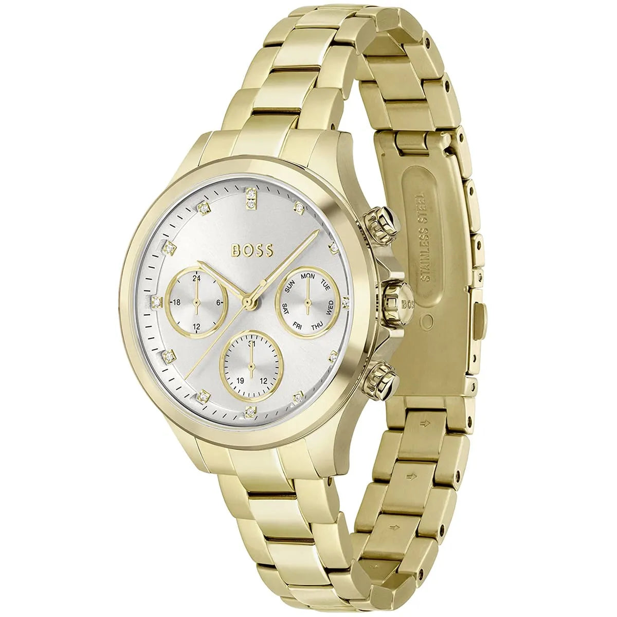 Hugo Boss Purity chronograph watch with gold stainless steel bracelet shown at side angle, silver dial with subdials visible