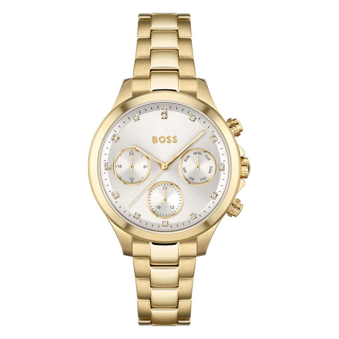 Hugo Boss Purity women's chronograph watch with gold case and bracelet, silver dial with three subdials and diamond markers