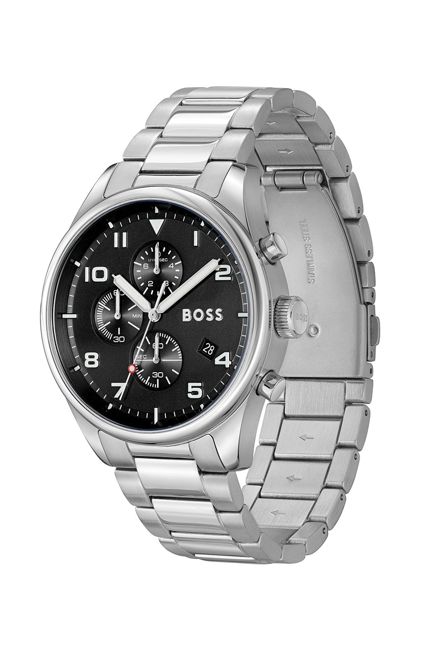 Hugo Boss women's chronograph watch displayed at angle showing silver case and bracelet