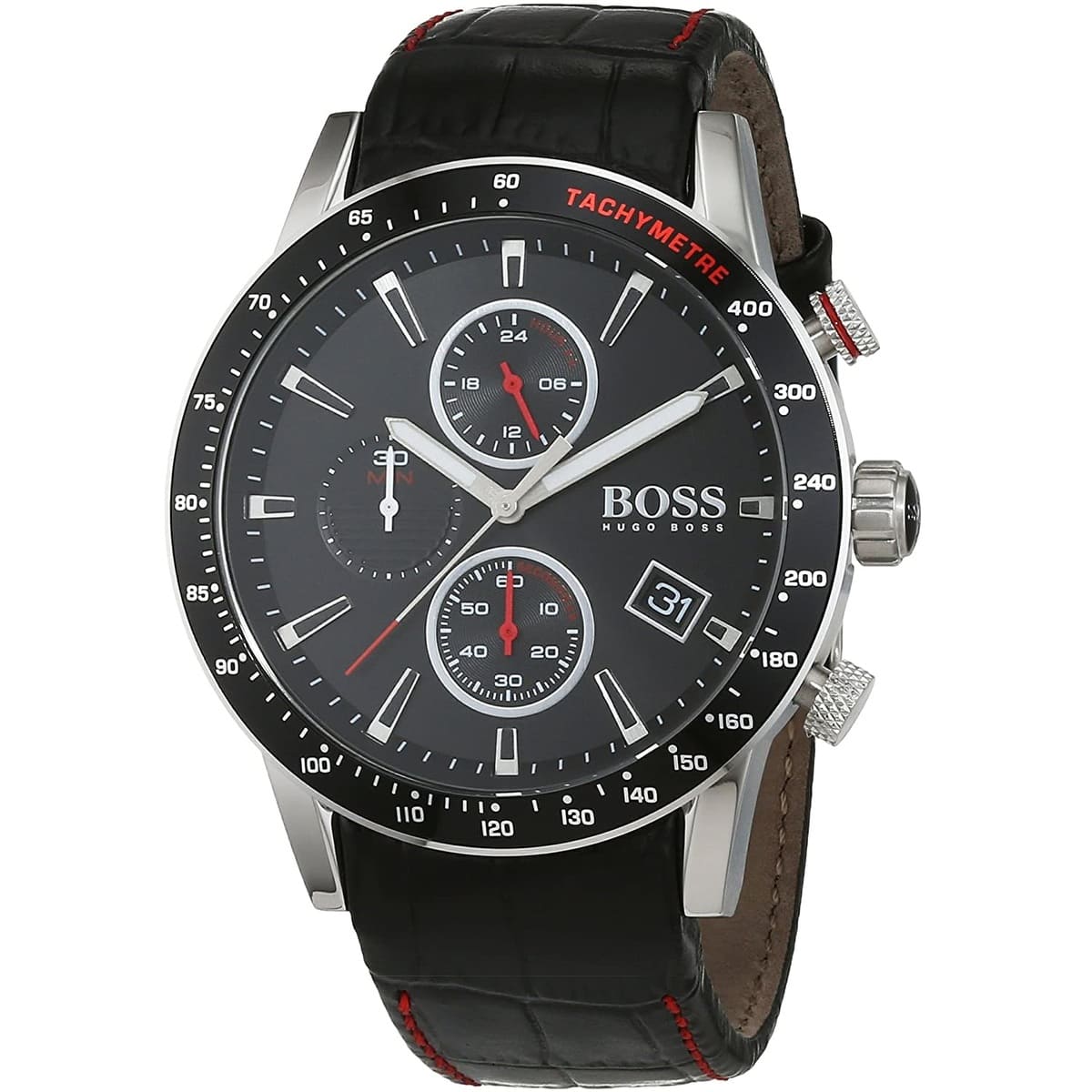 Hugo Boss Rafale men's chronograph watch at angle showing black leather strap with red stitching and tachymeter bezel