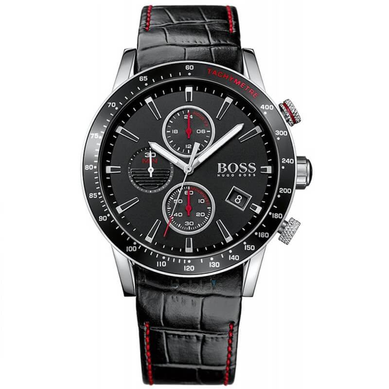 Hugo Boss Rafale chronograph watch with black dial, silver hands, dual subdials with red accents, and black leather strap