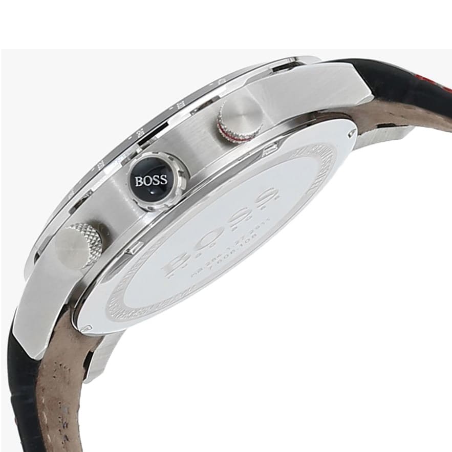Hugo Boss Rafale chronograph watch side profile showing stainless steel case, pushers, and black leather strap