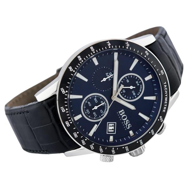 Hugo Boss Rafale chronograph watch angled view showing blue dial and black croc-embossed leather strap