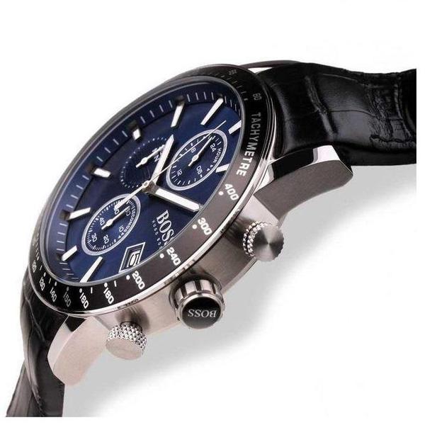Hugo Boss Rafale chronograph watch side view with chronograph pushers and black leather strap